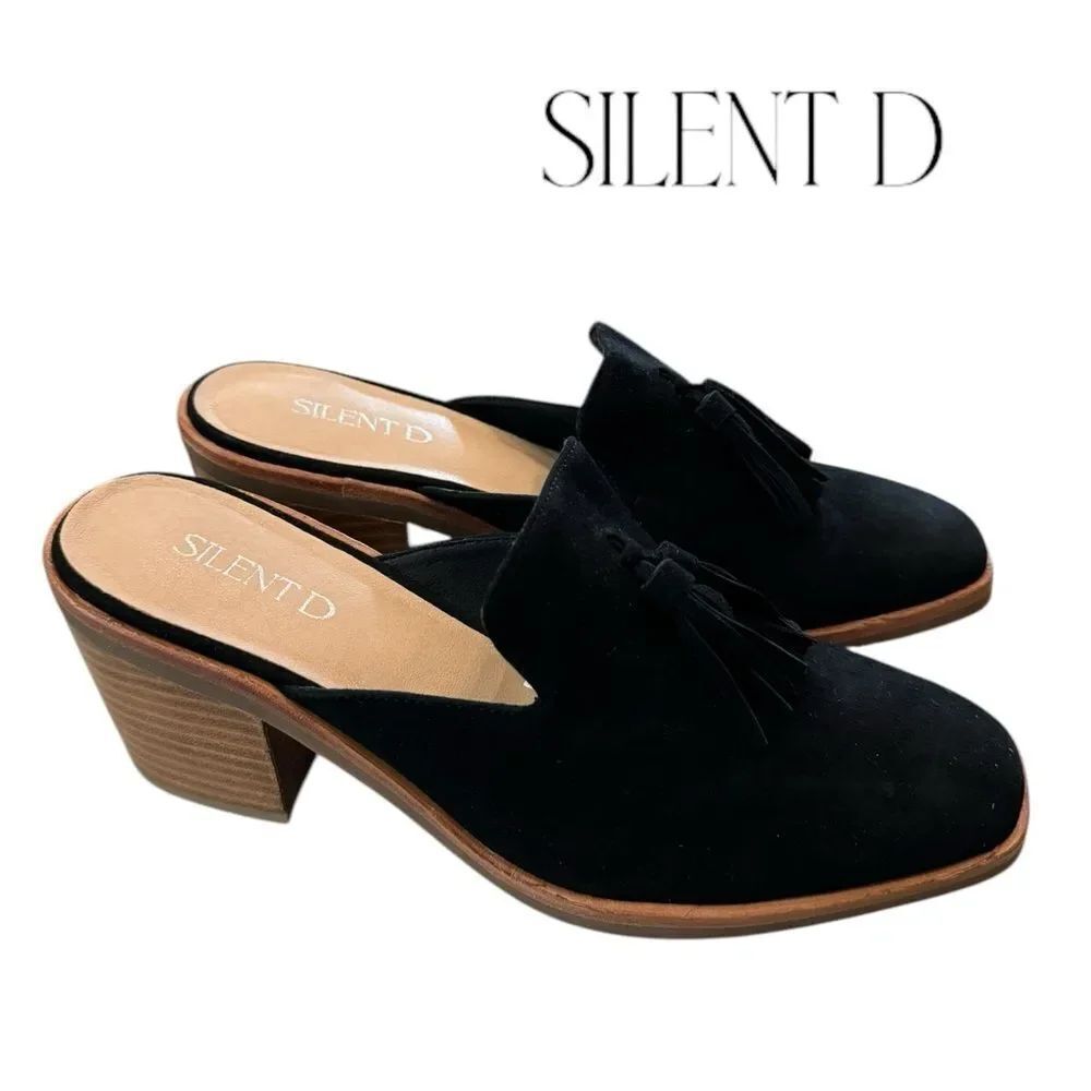New Silent D Noboy Black Suede Tassel Heeled Clogs Mules 41